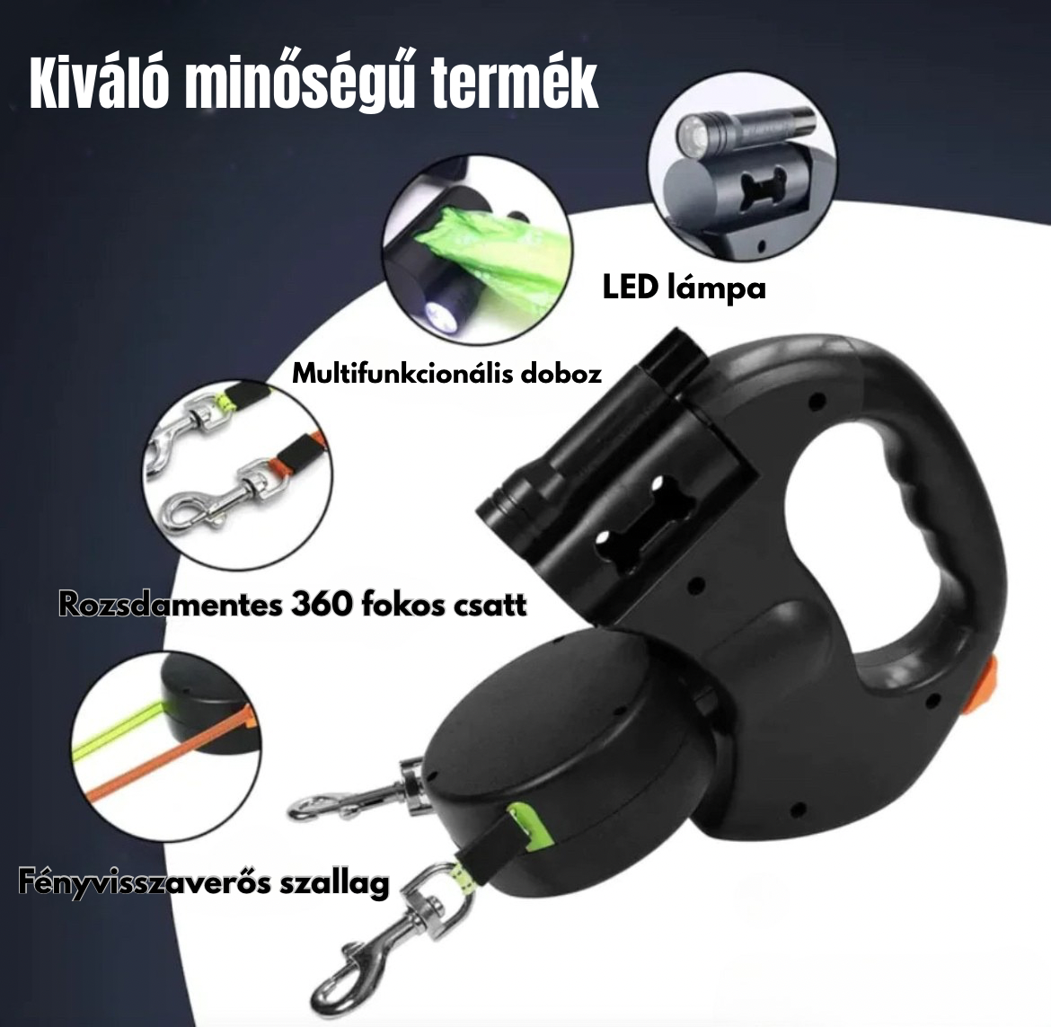 2 az 1-ben automata kutyapóráz, fényvisszaverős.